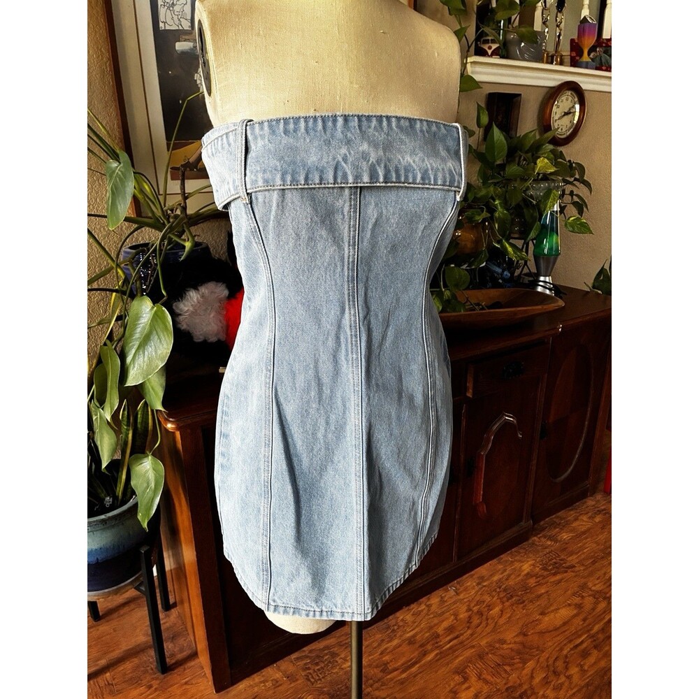 NWT Meshki Teddi Light Wash Denim Strapless Mini Dress Bodycon Corset Medium